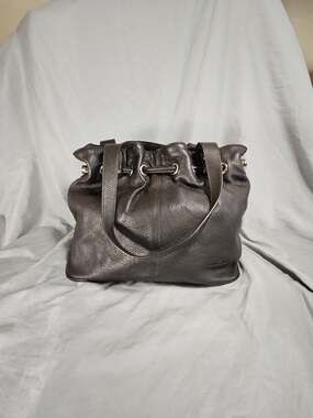 Hexagona Brown Pebbled Leather Drawstring Shoulder Bag